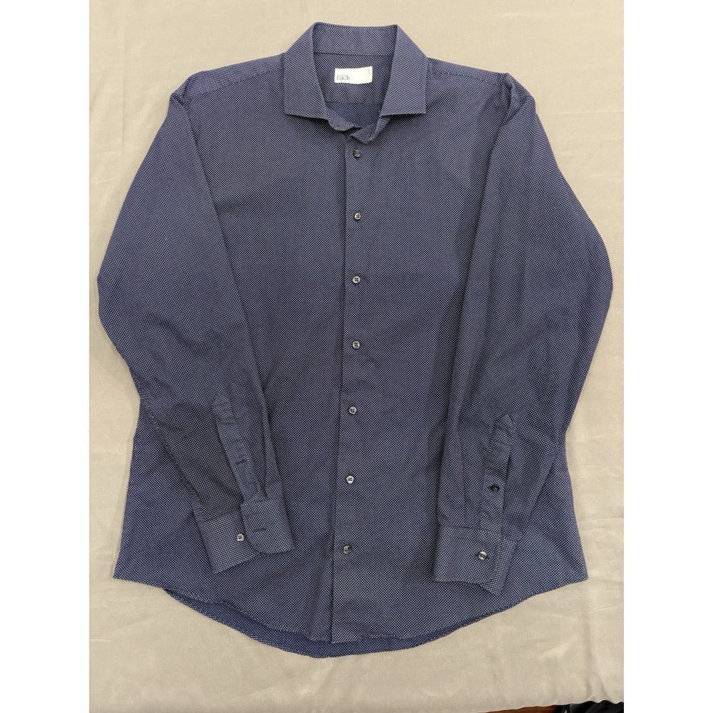 Nordstrom Rack Men's Trim Fit Polka Dot Navy Cotton Dress Shirt 17 34/35